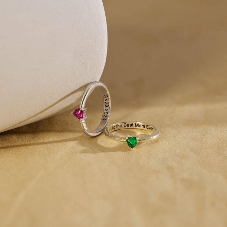 For Love - Engraved Heart Birthstone Ring