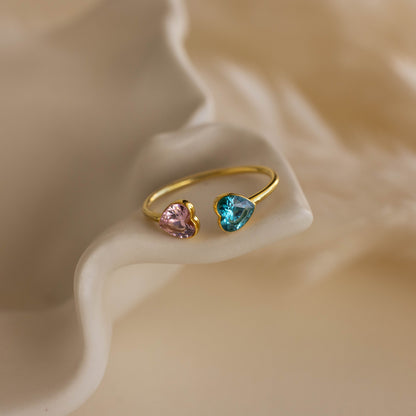 MOTHER AND DAUGHTER FOREVER LINK DOUBLE HEART CUSTOM BIRTHSTONE RING