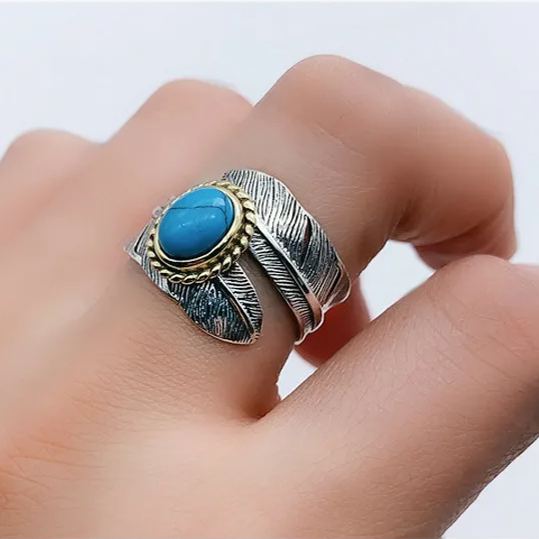 🔥Summer Hot Sale🌊	925 Sterling Silver Boho Feather Turquoise Adjustable Ring