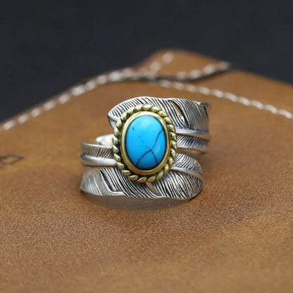 🔥Summer Hot Sale🌊	925 Sterling Silver Boho Feather Turquoise Adjustable Ring