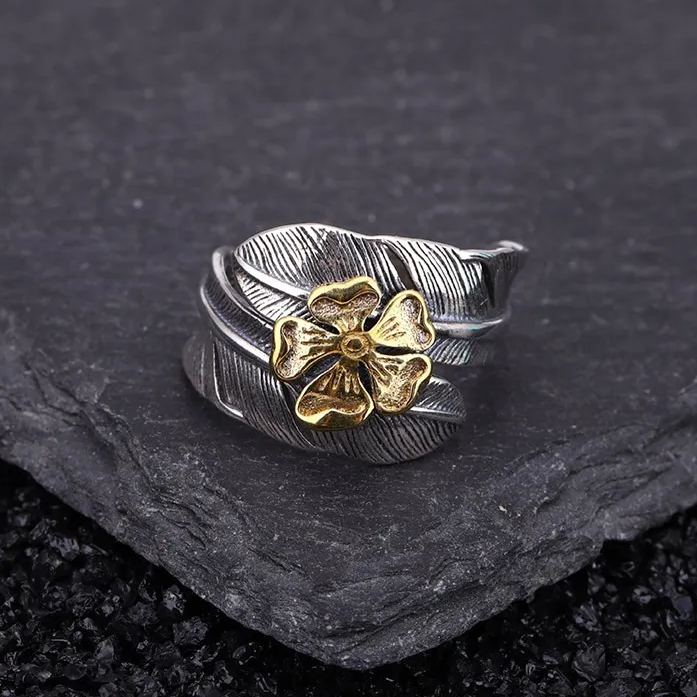 🔥Summer Hot Sale🌊	925 Sterling Silver Boho Feather Turquoise Adjustable Ring