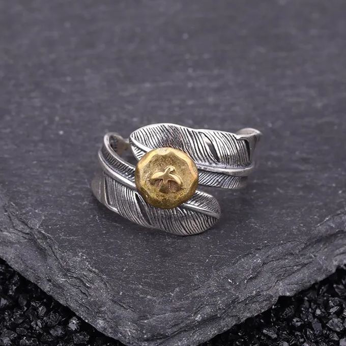 🔥Summer Hot Sale🌊	925 Sterling Silver Boho Feather Turquoise Adjustable Ring