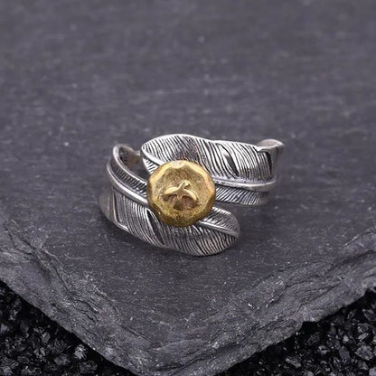 🔥Summer Hot Sale🌊	925 Sterling Silver Boho Feather Turquoise Adjustable Ring