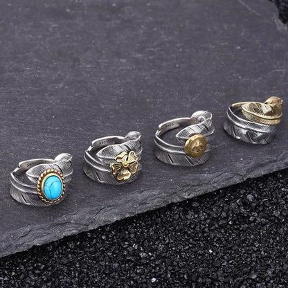 🔥Summer Hot Sale🌊	925 Sterling Silver Boho Feather Turquoise Adjustable Ring