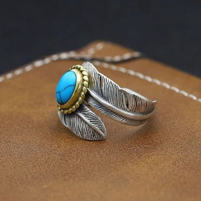 🔥Summer Hot Sale🌊	925 Sterling Silver Boho Feather Turquoise Adjustable Ring