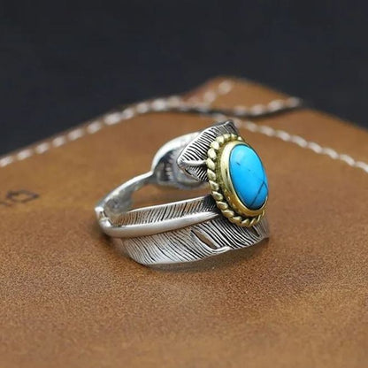 🔥Summer Hot Sale🌊	925 Sterling Silver Boho Feather Turquoise Adjustable Ring
