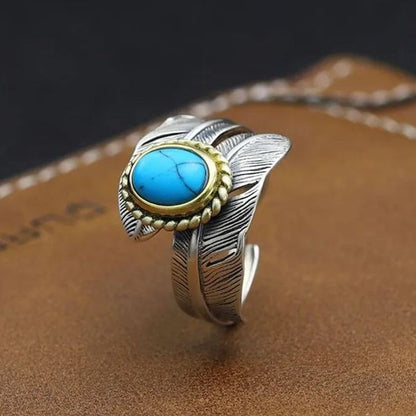 🔥Summer Hot Sale🌊	925 Sterling Silver Boho Feather Turquoise Adjustable Ring