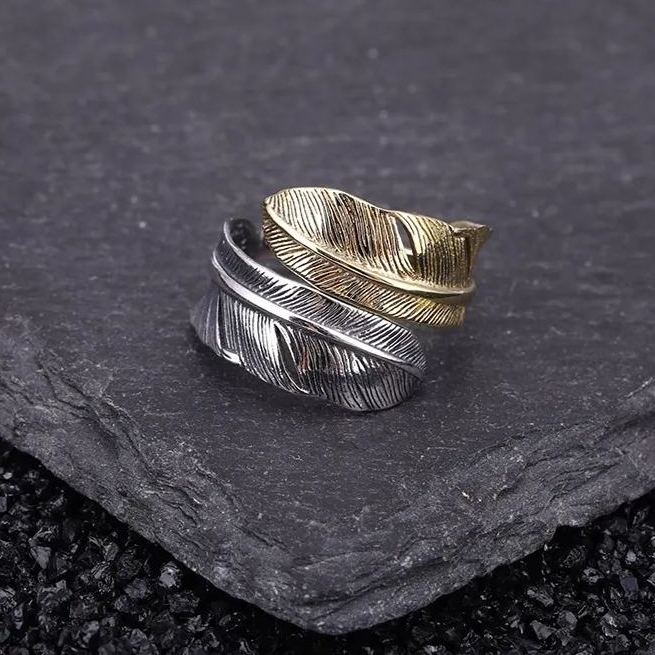 🔥Summer Hot Sale🌊	925 Sterling Silver Boho Feather Turquoise Adjustable Ring