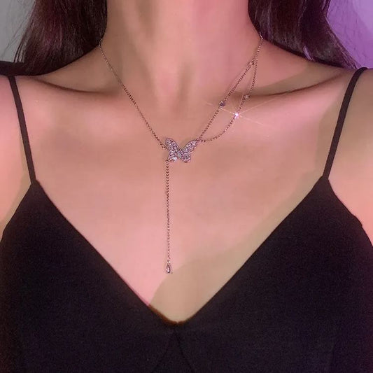 🌸2024 Spring Hot Sale✨Sparkling Zircon Butterfly Tassel Necklace