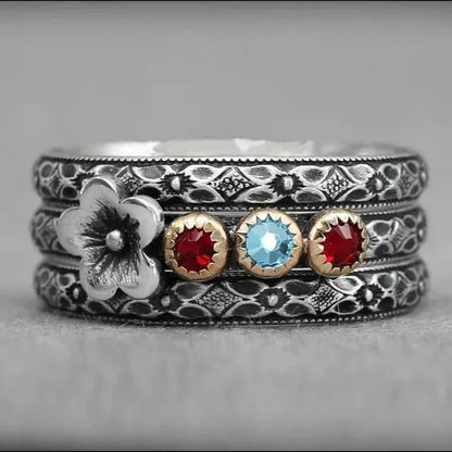 Multi Birthstone Floral Ring Set