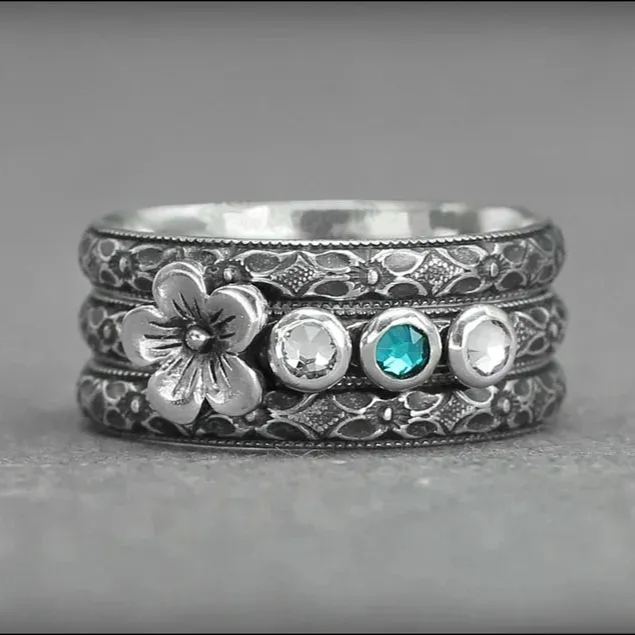 Multi Birthstone Floral Ring Set