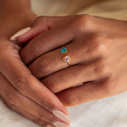 MOTHER AND DAUGHTER FOREVER LINK DOUBLE HEART CUSTOM BIRTHSTONE RING