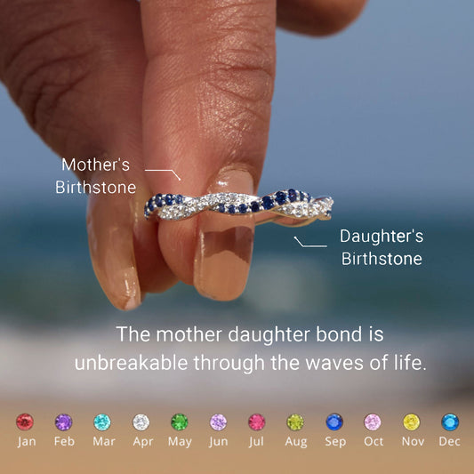 Mother & Daughter Double Birthstones Wave Ring