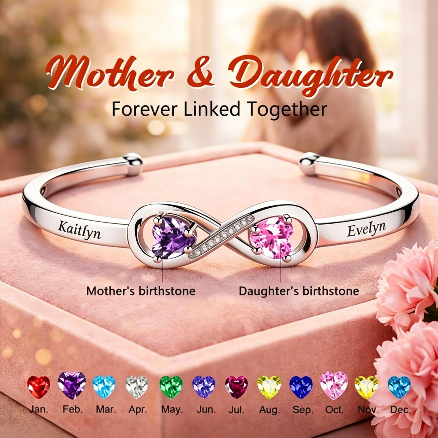 Personalized Infinity Double Heart Birthstones Cuff Bracelet with Engraved Name