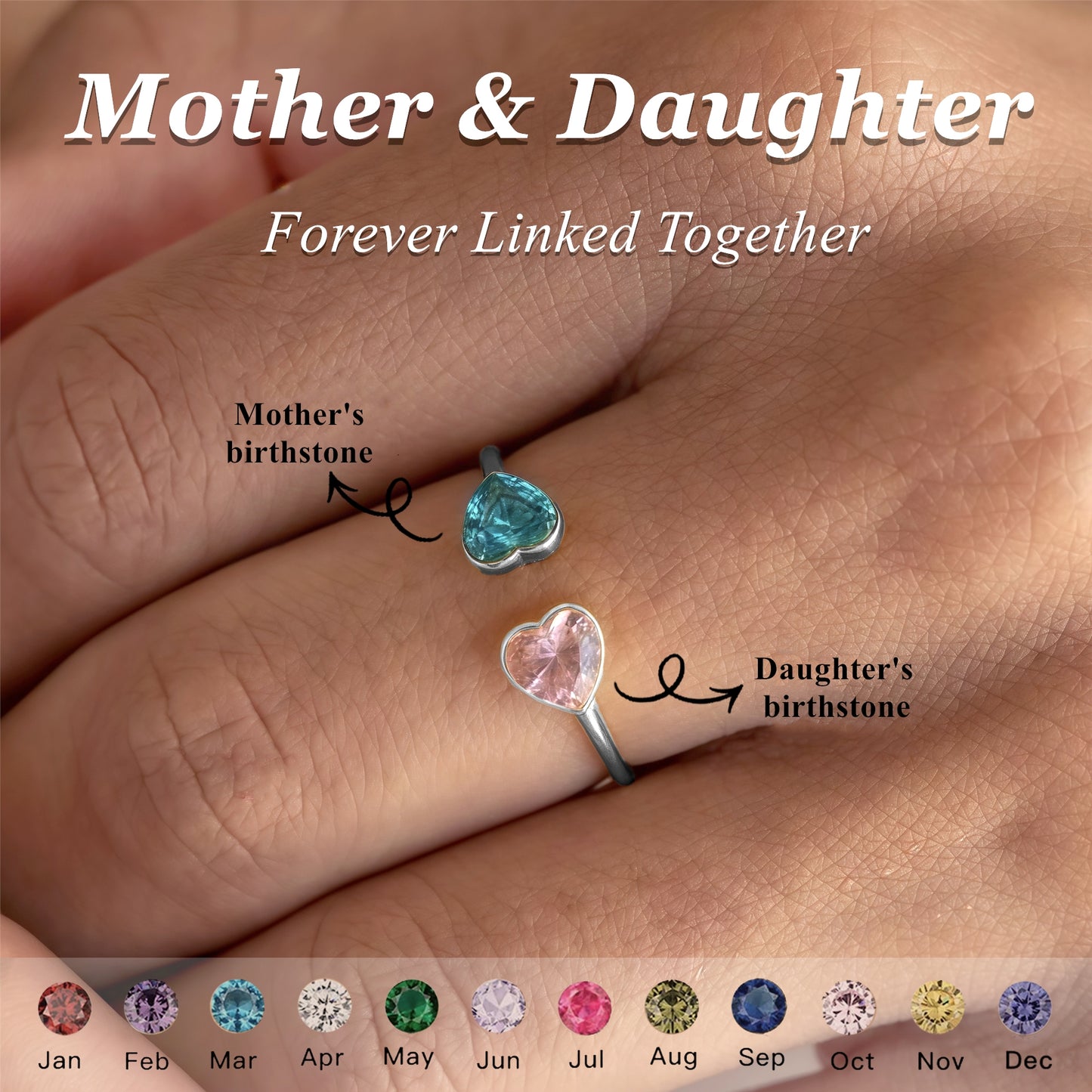 MOTHER AND DAUGHTER FOREVER LINK DOUBLE HEART CUSTOM BIRTHSTONE RING