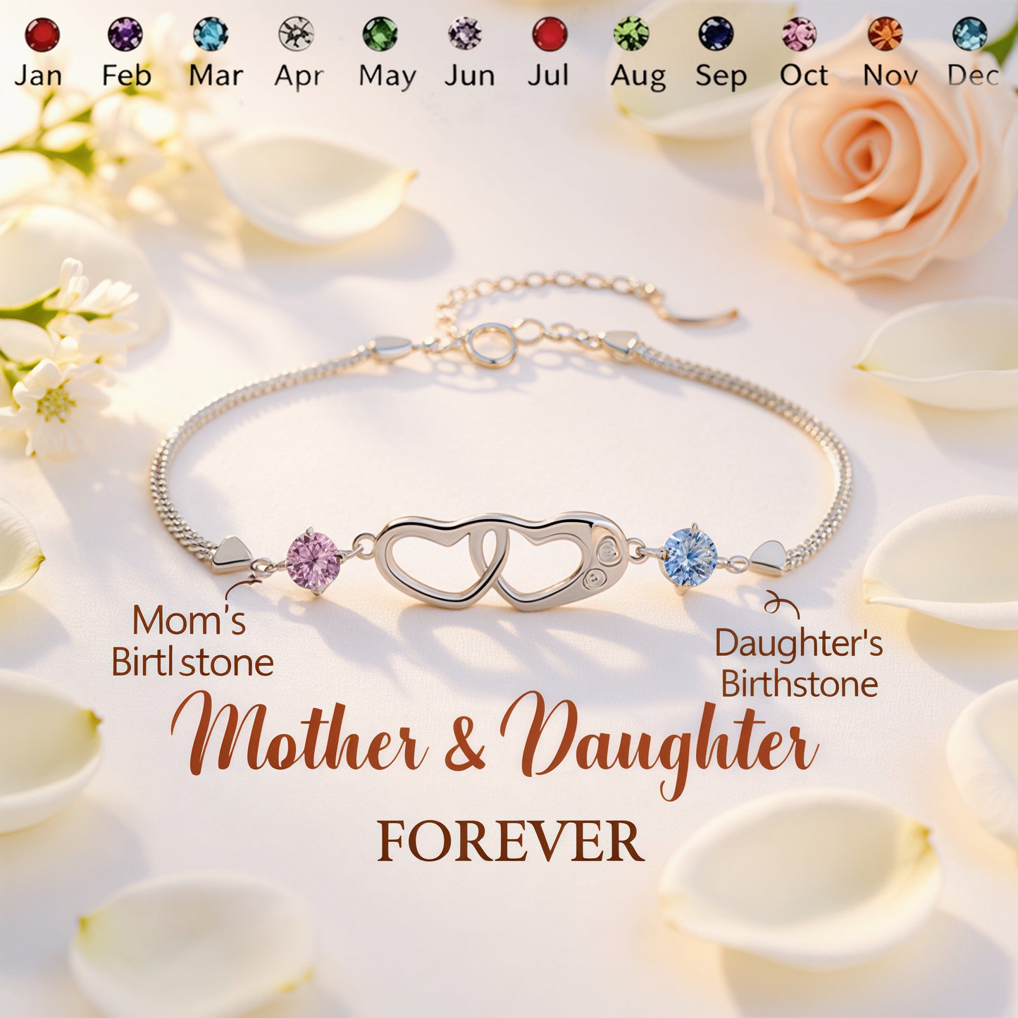 MOTHER AND DAUGHTER BIRTHSTONE CUSTOM DOUBLE HEART BRACELET
