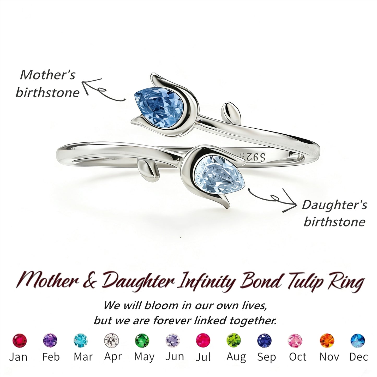 Mother&Daughter Double Birthstones Tulip Ring
