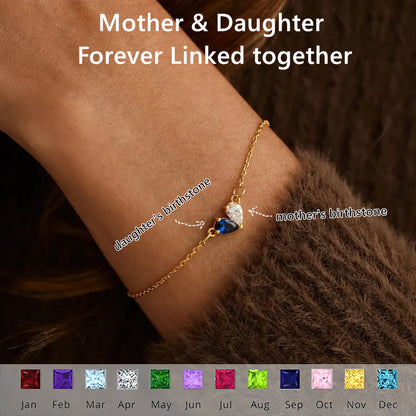 MOTHER AND DAUGHTER FOREVER LINKED TOGETHER CUSTOM HEART BIRTHSTONES BRACELET