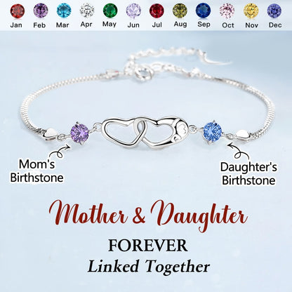Mother And Daughter Birthstone Custom Double Diamond & Heart Bracelet