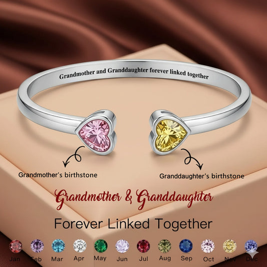 Grandmother&Granddaughter Double Heart Custom Birthstones Bracelet