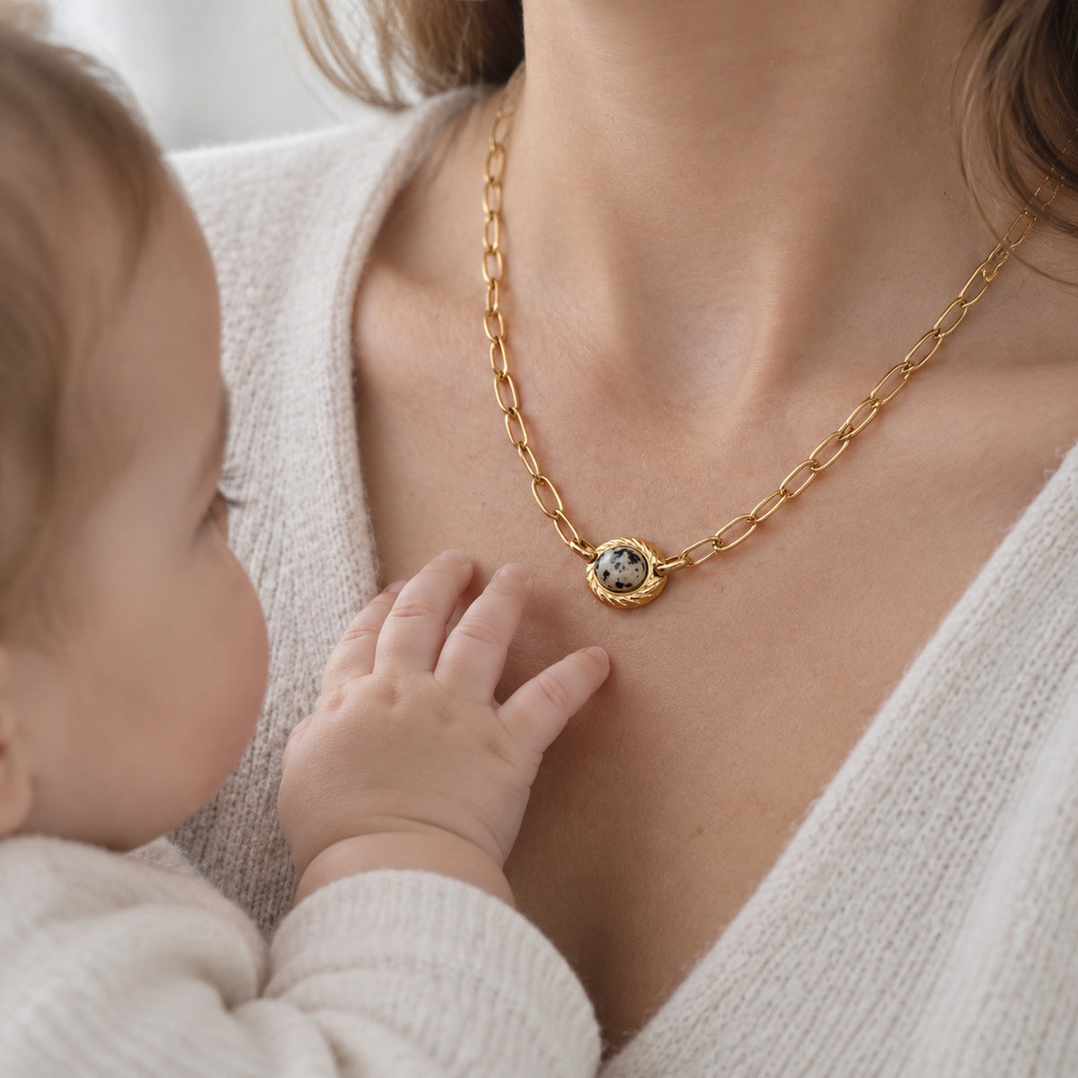 For the Mother You're Becoming-Dalmatian Jasper Egg Pendant Necklace