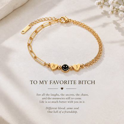 For Friend – You're My Favorite Bitch Custom Initial Hearts & Smiley Face Bracelet