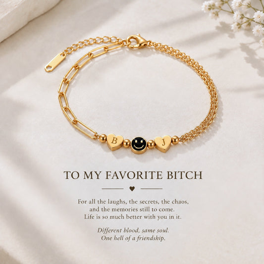 For Friend – You're My Favorite Bitch Custom Initial Hearts & Smiley Face Bracelet