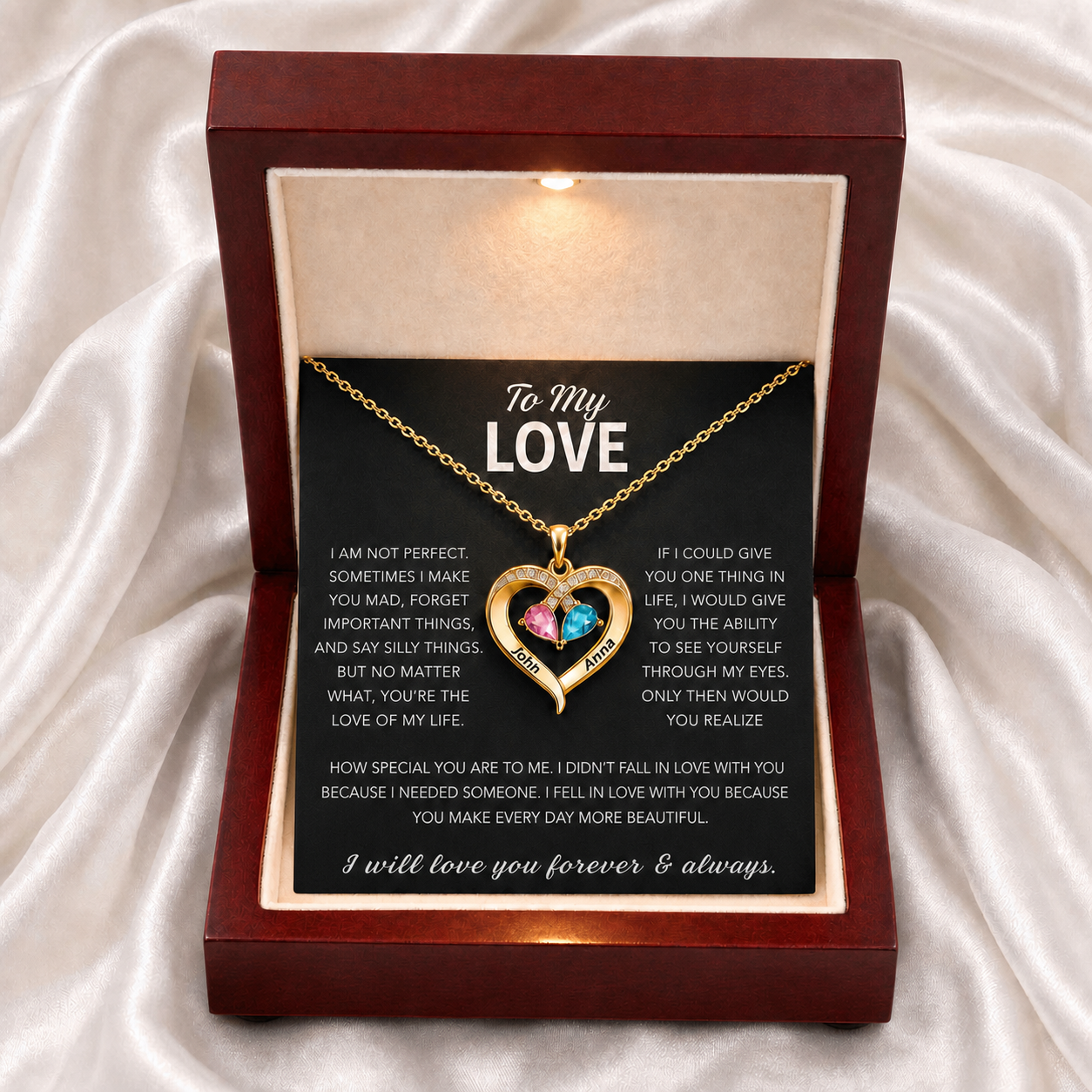 To My Love – Custom Double Birthstones&Name Heart Necklace
