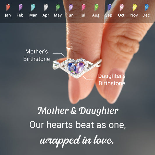 Mother And Daughter Dual Teardrop Birthstone Heart Ring