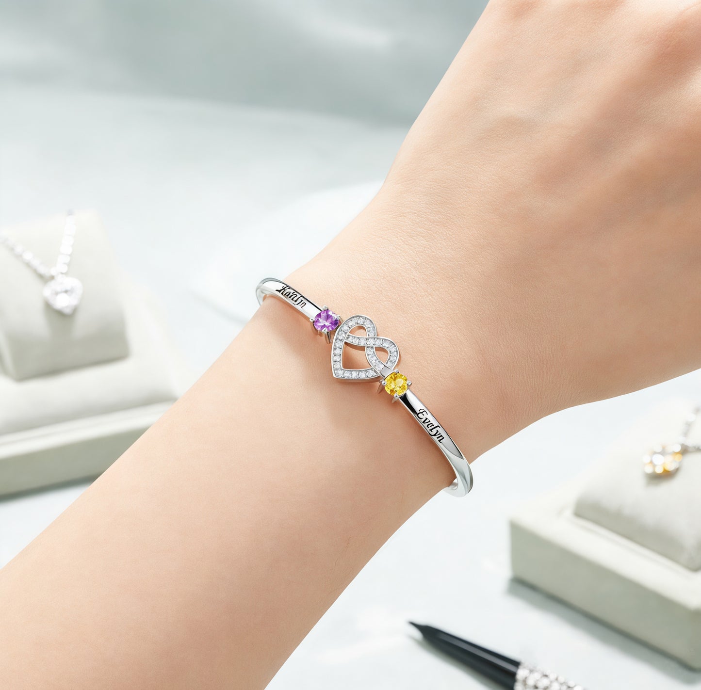 Mother And Daughter Heart Custom Birthstone&Name Bracelet