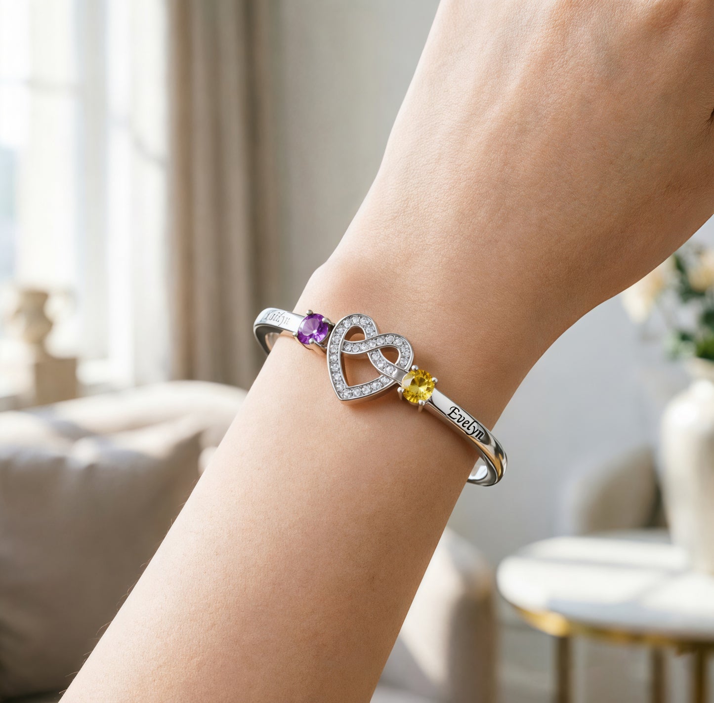 Mother And Daughter Heart Custom Birthstone&Name Bracelet
