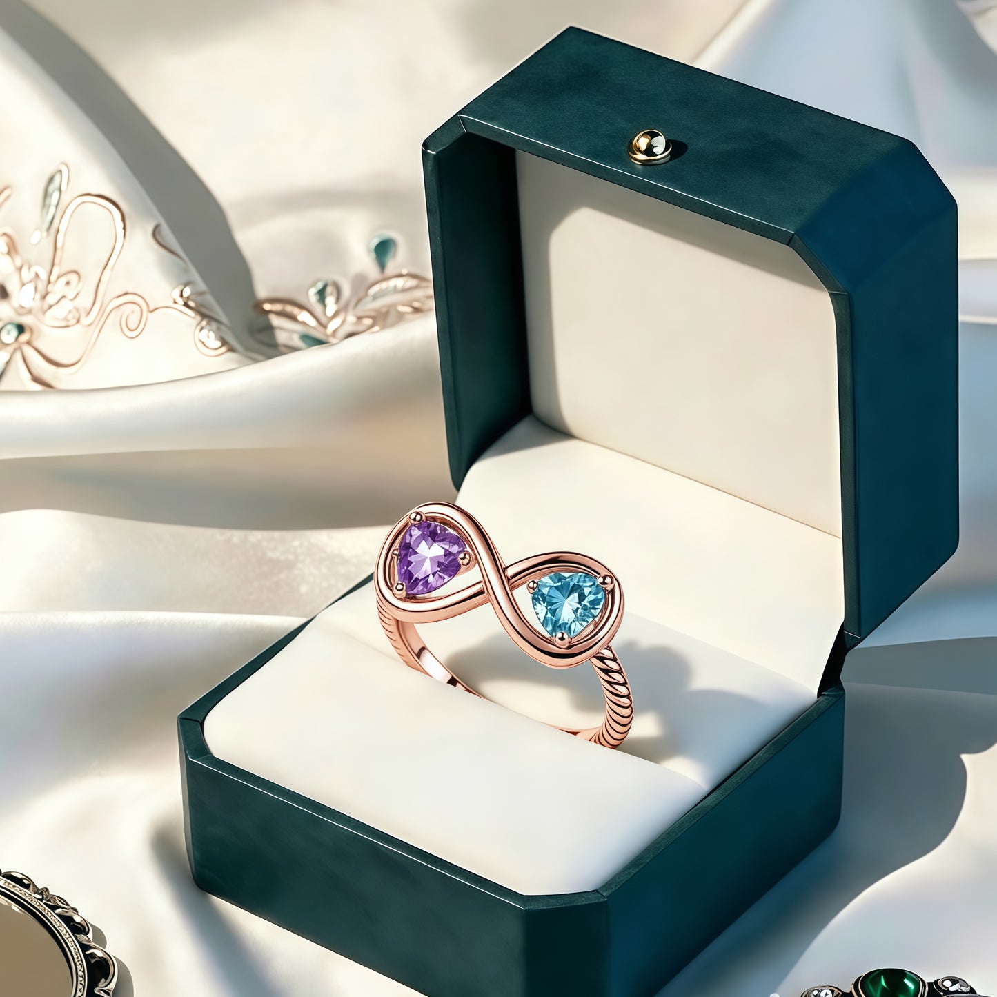 Mother&Daughter Connected By Heart Double Birthstones Infinity Ring