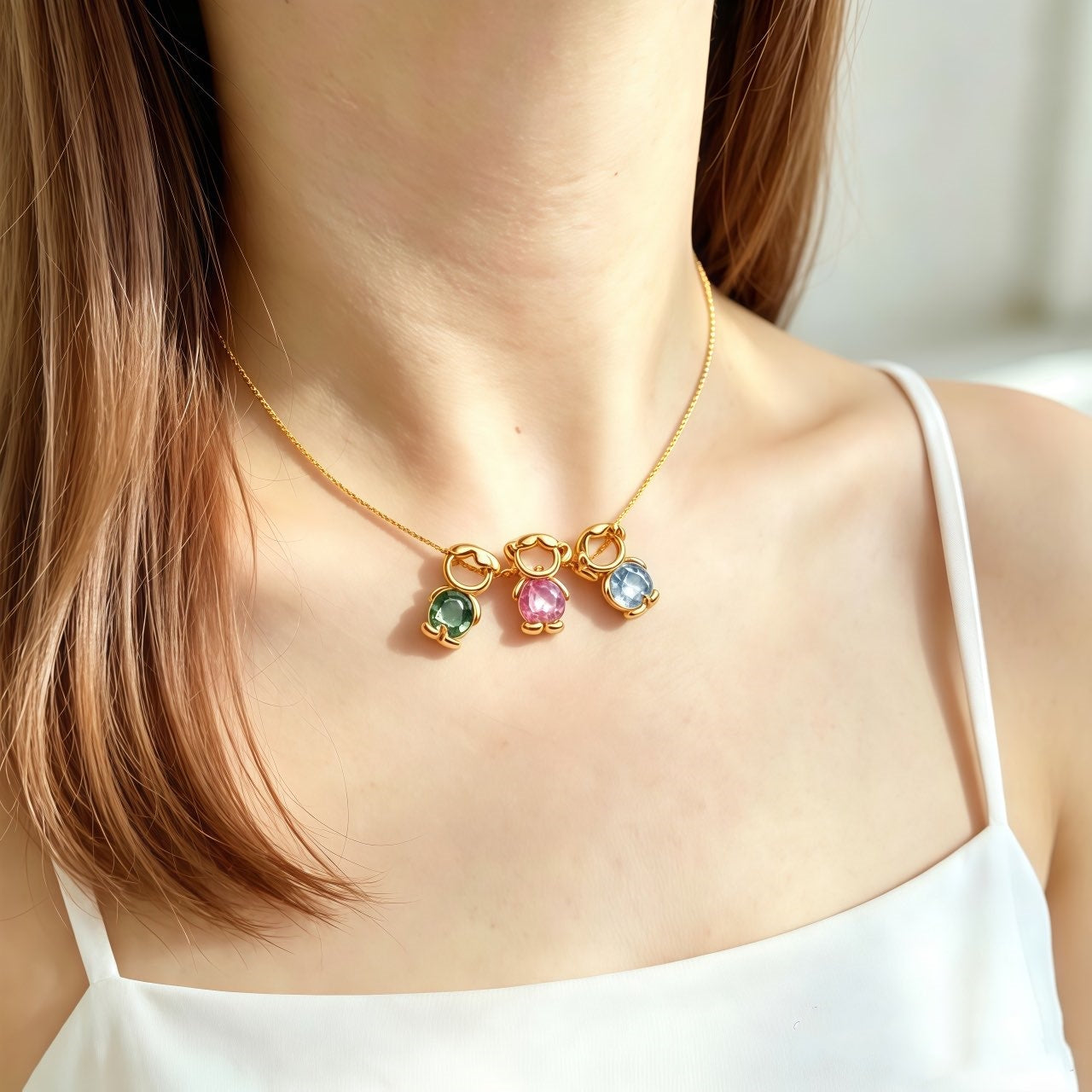 For Love- Personalized Heart Birthstone Doll Family Necklace