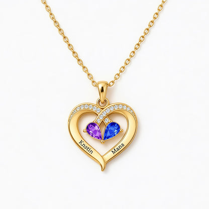Grandmother And Granddaughter Custom Double Birthstones&Name Heart Necklace