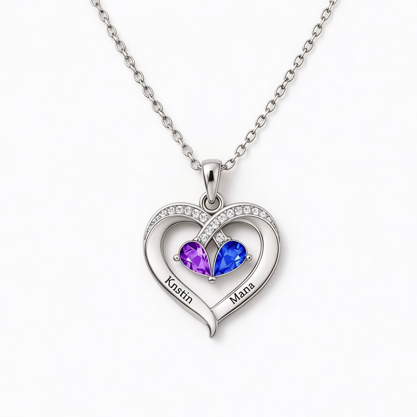 Mother And Daughter Custom Double Birthstones&Name Heart Necklace