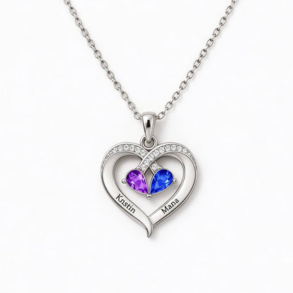 Grandmother And Granddaughter Custom Double Birthstones&Name Heart Necklace