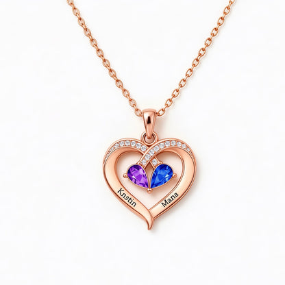 Grandmother And Granddaughter Custom Double Birthstones&Name Heart Necklace