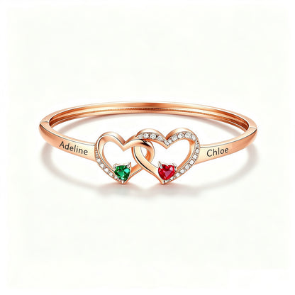 Personalized Mother And Daughter Double Heart Birthstone&Name Bracelet