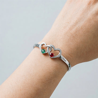 Personalized Mother And Daughter Double Heart Birthstone&Name Bracelet