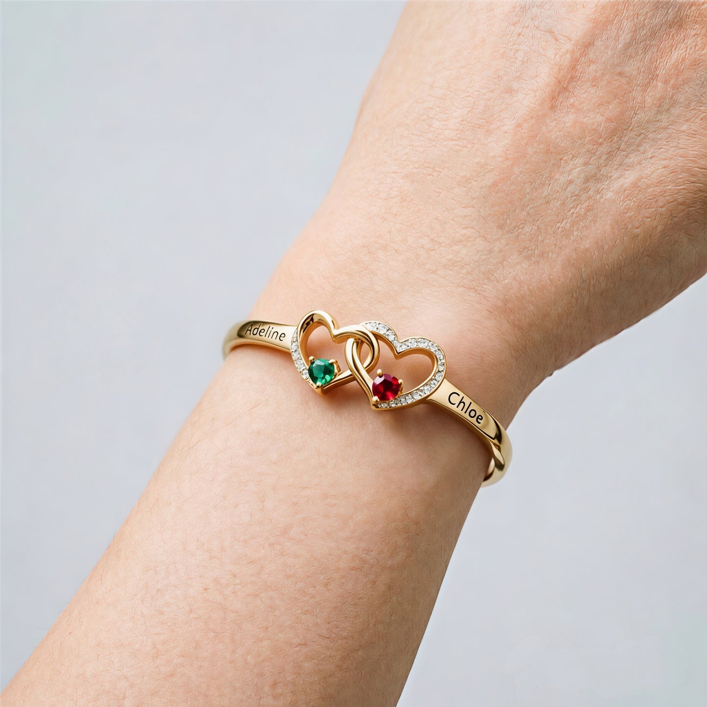 Personalized Mother And Daughter Double Heart Birthstone&Name Bracelet