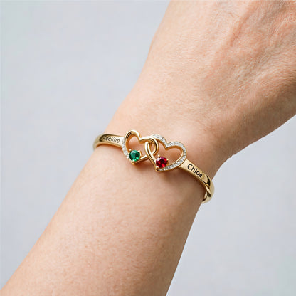 Personalized Mother And Daughter Double Heart Birthstone&Name Bracelet